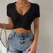 Color-Black-Spring Summer Women Clothing Sexy V Neck Slim Fit Ultra Short T Shirt Short Sleeve Knitted Solid Color Top-Fancey Boutique