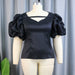 Color-Black-V Neck Lantern Sleeve Short Top Casual Easy Matching Waisted Slimming Women T Shirt-Fancey Boutique
