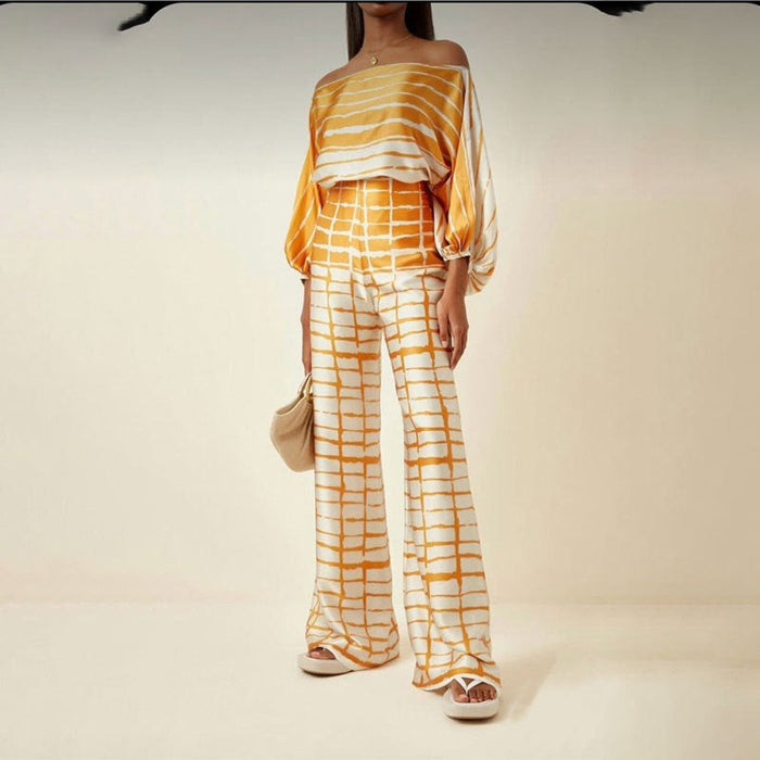 Color-Yellow Plaid-Women Clothing Loose Batwing Sleeve Top Wide Leg Trousers Two Piece Suit-Fancey Boutique