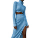 Color-skyblue-Women Clothing Autumn Winter Thread Turtleneck Irregular Asymmetric Skirt Slit Slim-Fancey Boutique