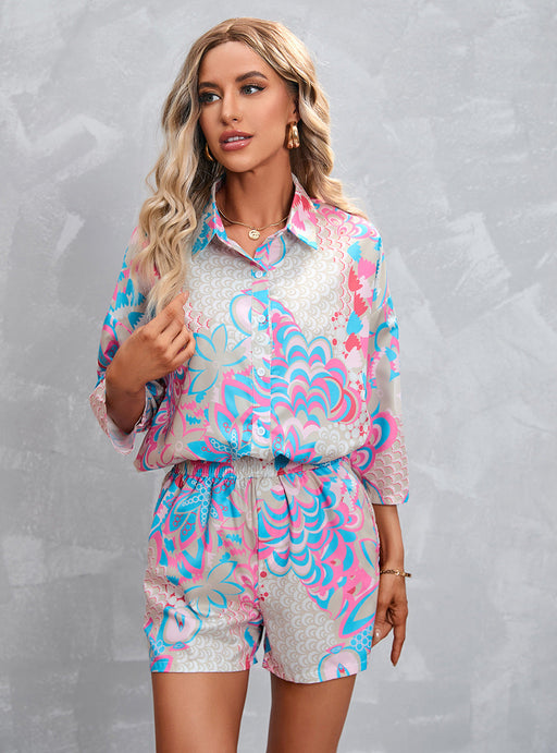 Color-Pink-Women Clothing Printed 3/4 Sleeves Shorts Casual Suit-Fancey Boutique