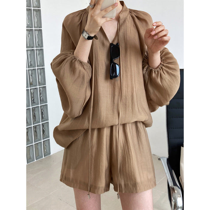 Color-Summer Sports Casual Lace-up Long Sleeve Sun Protection Clothing Wide Leg Shorts Suit Two-Piece Set-Fancey Boutique