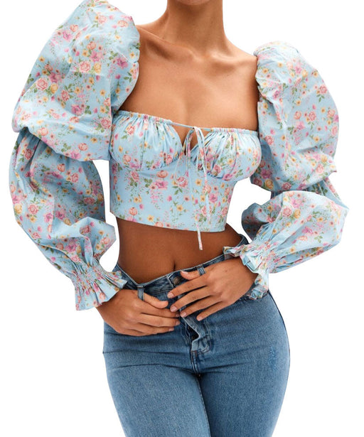 Color-Blue-Summer Sexy Printing Flare Sleeve Pleated Crop-Top Short Top Women-Fancey Boutique