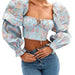 Color-Blue-Summer Sexy Printing Flare Sleeve Pleated Crop-Top Short Top Women-Fancey Boutique