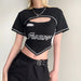 Color-Black-Sexy Letter Graphic Printing Fashionable Spaghetti Straps Outerwear Tube Top Summer Bright Line Reverse Car Contrast Color Short T shirt-Fancey Boutique