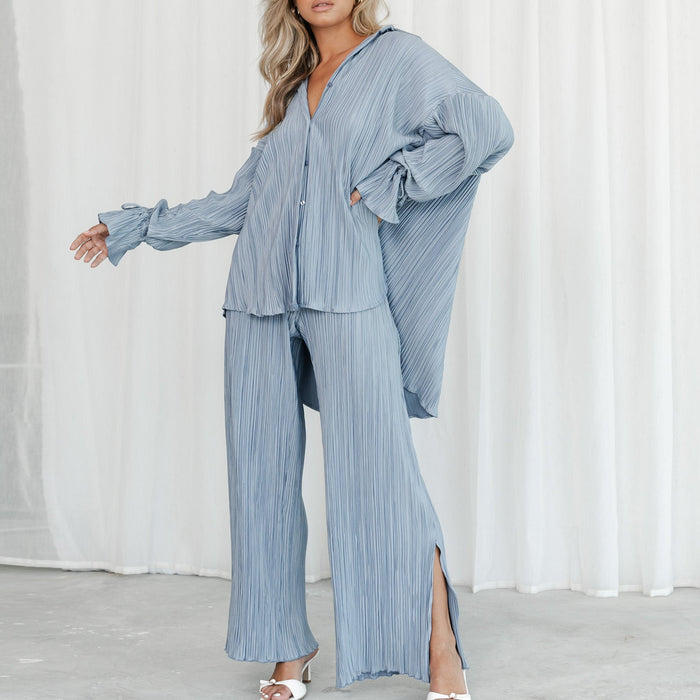 Color-Blue-Women Clothing Spring Summer Suit Pleated Shirt Long Sleeve Collared Cardigan Split Pajamas Two Piece Suit-Fancey Boutique