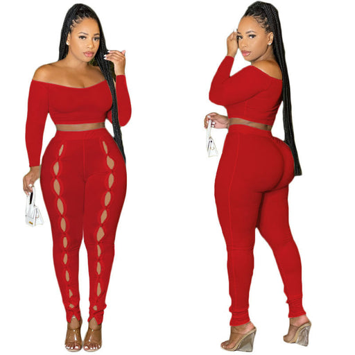 Color-Red-Women Clothing Autumn Sexy Solid Color off Shoulder Hollow Out Cutout Cropped Two Piece Set-Fancey Boutique