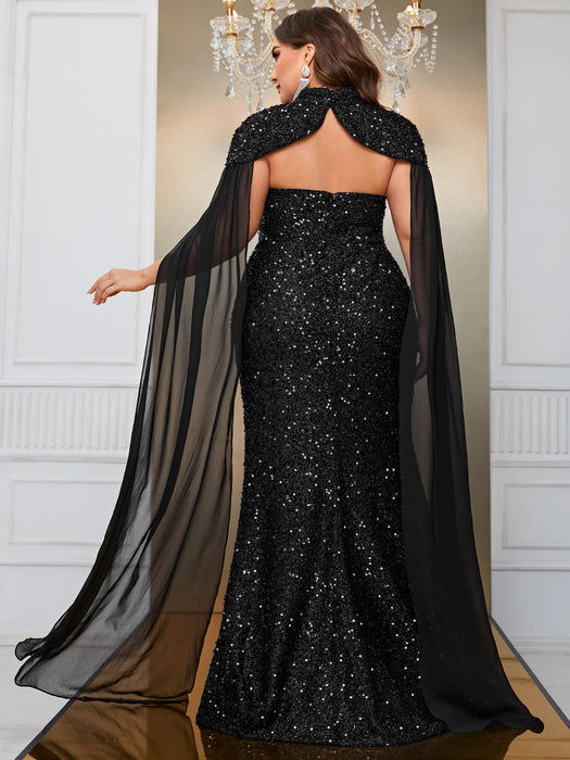 Color-Plus Size Senior Evening Dress Sequined Shawl Dress Elegant Cocktail Maxi Dress-Fancey Boutique