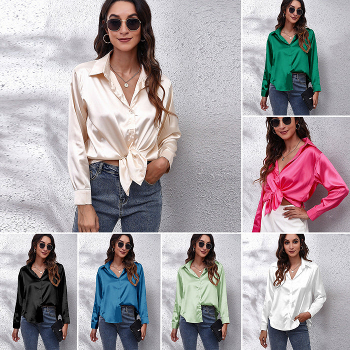 Color-Satin Shirt Women Satin Artificial Silk Long Sleeve Shirt-Fancey Boutique