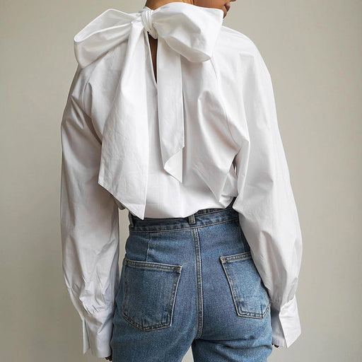 Color-White-Fall Bowknot Shirt Women French Turtleneck Stand Collar Niche Women White Shirt Top-Fancey Boutique