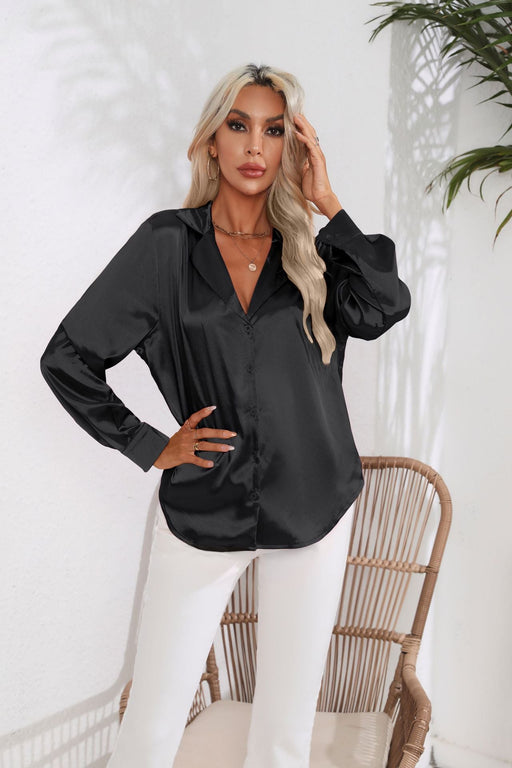 Color-Black-Collar Satin Shirt Women Satin Artificial Silk Long Sleeve Shirt Women Clothing-Fancey Boutique