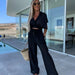 Color-Spring Summer Comfort Casual Deep V Plunge Neck Solid Color Silk Waist Lace up Straight Leg Pants Suit-Fancey Boutique