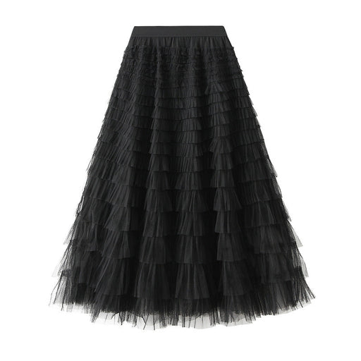 Color-Black-Mesh Tiered Skirt Women Spring Autumn Dress Fairy White Yarn Skirt Pleated-Fancey Boutique