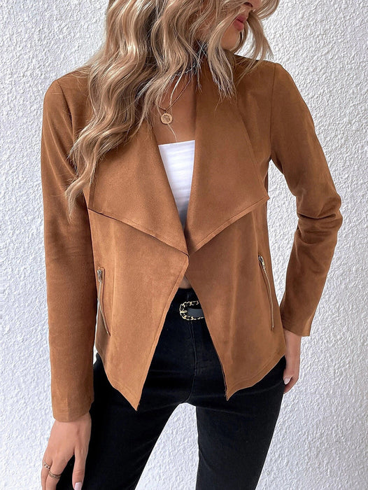 Color-Brown-Women Fur Coat Collared Long Sleeve Office Zipper Short Women Top-Fancey Boutique