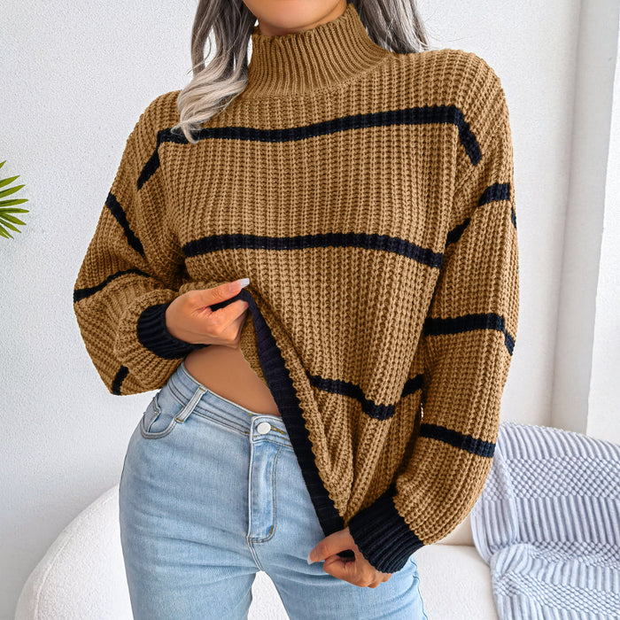 Color-Autumn Winter Casual Striped Lantern Sleeve Half Turtleneck Knitted Sweater Women Clothing-Fancey Boutique