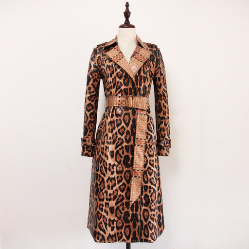 Color-Picture Color in Stock-Goods Spring Autumn Snakeskin Leopard Print Long Trench Coat Goddess Long Sleeve Leather Jacket Women Overcoat-Fancey Boutique