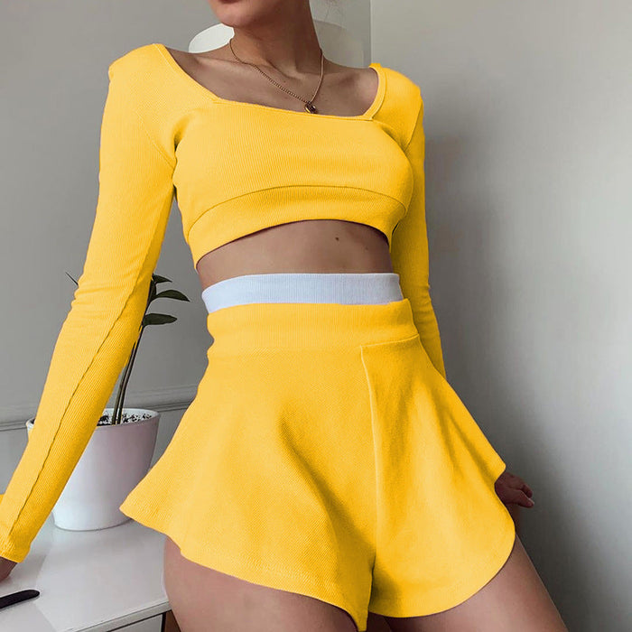 Color-Yellow-Sports Women Clothing Contrast Color Fit Top Sexy Culottes Suit-Fancey Boutique