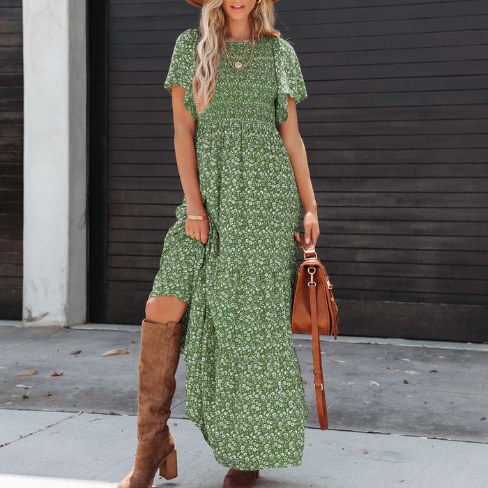 Color-Green-Women Clothing Spring Summer Retro Short Sleeve Floral Maxi Dress Pleated Dress-Fancey Boutique