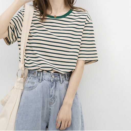 Color-Green-Women Short Sleeved T shirt Summer Thin Loose Cotton Green Striped T shirt Women Top Clothes-Fancey Boutique