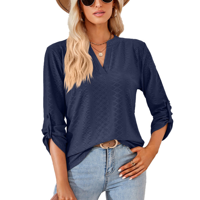 Color-Navy Blue-Autumn Winter Solid Color V-neck Three-Quarter Sleeve Button Loose-Fitting T-shirt Top Women-Fancey Boutique