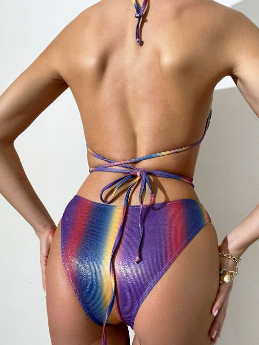 Color-Swimsuit Women Sexy Gradient Color Bikini Three Piece Swimsuit Lace up Swimsuit-Fancey Boutique