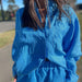 Color-New Spring Summer Cotton Linen Blue Batwing Sleeve Collared Shirt Long Sleeve Shorts Two-Piece Pleated Women Suit-Fancey Boutique