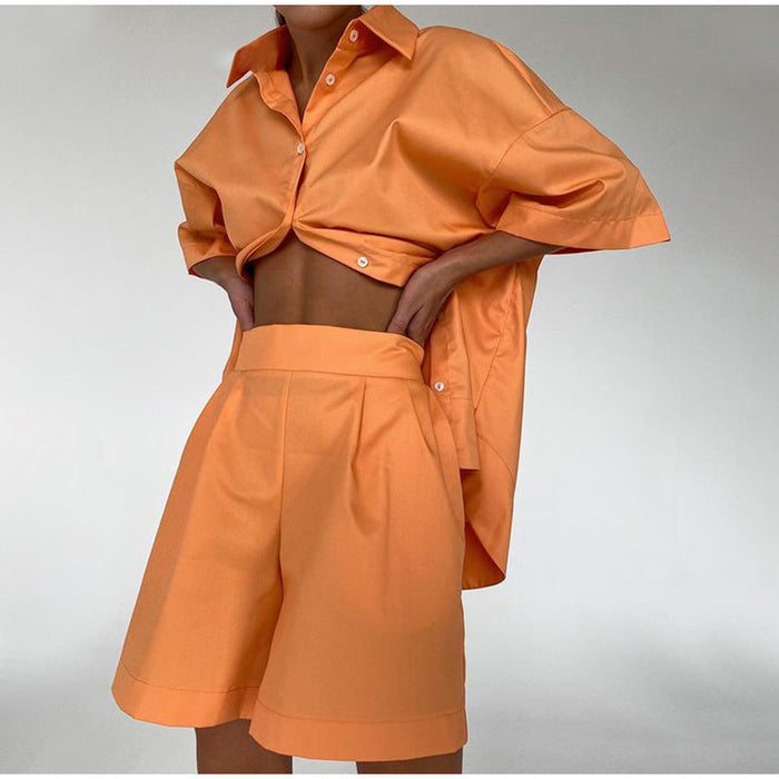 Color-Orange-Short Sleeve Shorts Suit Solid Color Sexy Fashion Casual Women Clothing-Fancey Boutique