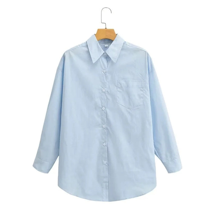 Color-Light Blue-Boyfriend Loose Comfortable Polo Collar Loose Long Sleeved Shirt for Women Autumn-Fancey Boutique
