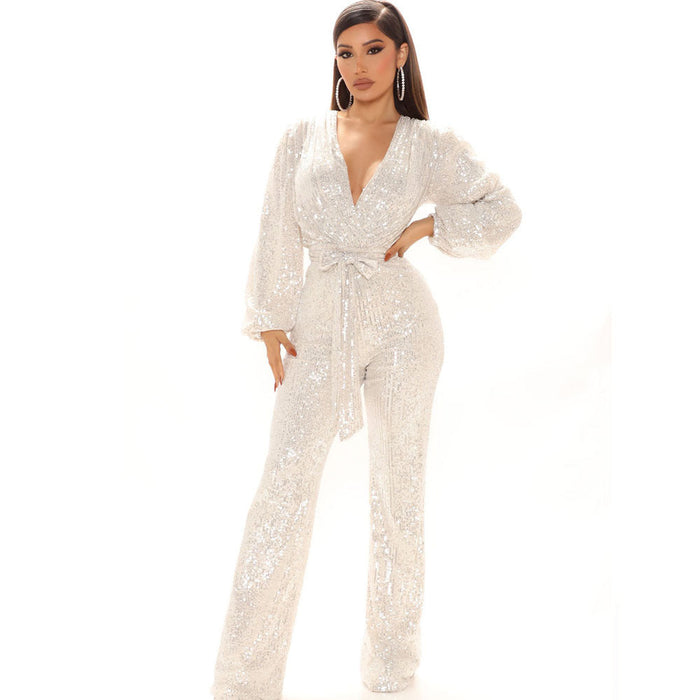 Color-Women Clothing Sexy V-neck Sequined One-Piece Wide Leg One-Piece Trousers-Fancey Boutique