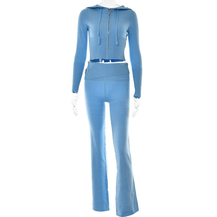 Color-Blue Suit-Knitted Hooded Women Sexy High Waist Long Sleeved Trousers Two Piece Set-Fancey Boutique