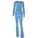 Color-Blue Suit-Knitted Hooded Women Sexy High Waist Long Sleeved Trousers Two Piece Set-Fancey Boutique