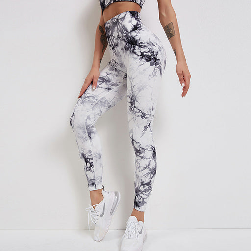 Color-White-Seamless Tie Dye Peach High Waist Hip Lift Fitness Pants Running Sports Tights Hip Yoga Trousers-Fancey Boutique