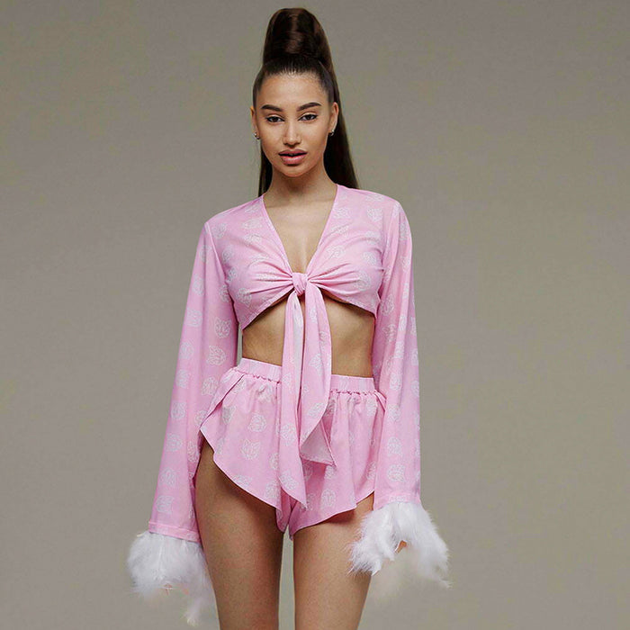 Color-Long Sleeve Shorts Pink Sexy Fluff Two Piece Pajamas Comfortable Thin Ladies Homewear-Fancey Boutique