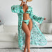 Color-Swimsuit Women Split Three Piece Suit Printing Mesh Red Long Sleeve Sunken Stripe Bikini Swimsuit-Fancey Boutique