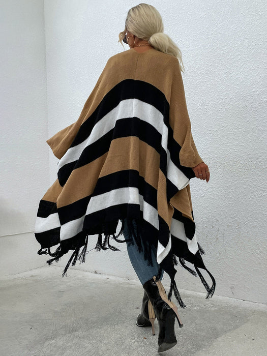 Color-Autumn Winter Striped Contrast Color Tassel Shawl Sweater Cloak-Fancey Boutique