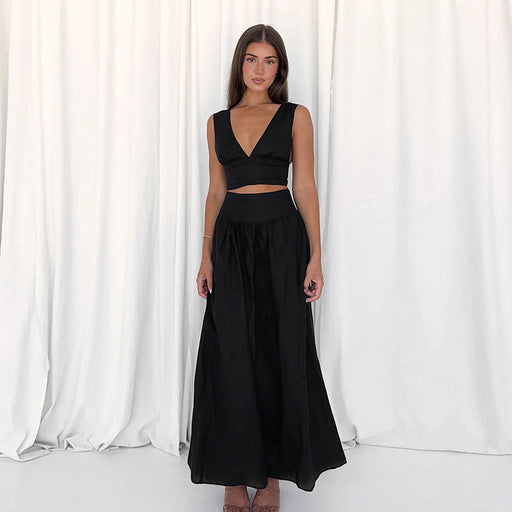 Color-Summer Women Sexy Backless Black Vest High Waist A line Dress Two Piece Set Women-Fancey Boutique