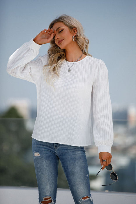 Color-White-Autumn Winter Long Sleeve round Neck Shirt Women Top-Fancey Boutique