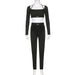 Color-Black-Solid Color Knitted Letter Graphic Body Hugging Set round Neck Long Sleeve Short Top High Waist Skinny Leggings Two Piece Set Women-Fancey Boutique