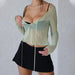 Color-Women Clothing Summer Sexy See through Square Collar Tied Long Sleeves cropped Top-Fancey Boutique