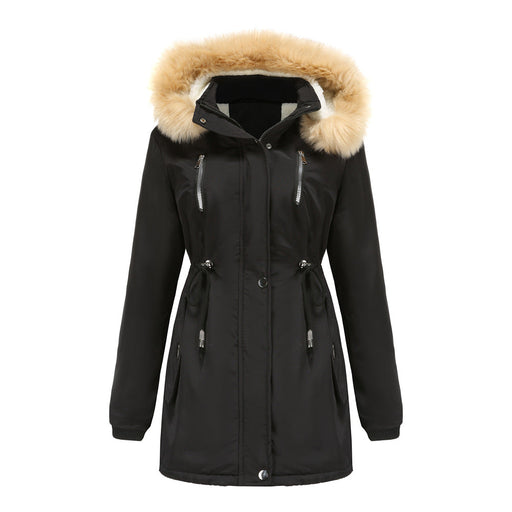 Color-Black-Autumn Winter Women Clothing Thick Lambskin Cotton-Padded Coat Women Loose Women Cotton Clothes Removable Hat Fleece Padded Coat-Fancey Boutique