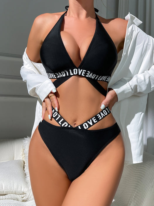 Color-Sexy Hollow Out Cutout Backless Letter Graphic Strap Three Point Sexy Lingerie Set-Fancey Boutique