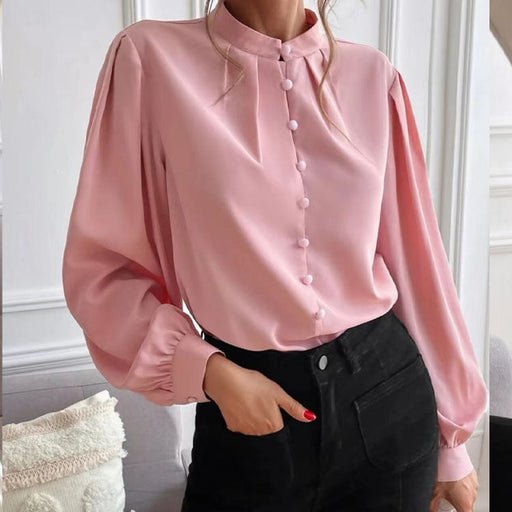 Color-Pink-Women Shirt Autumn Elegant Solid Color Collared Long Sleeve Single Row Button Loose Women Top-Fancey Boutique