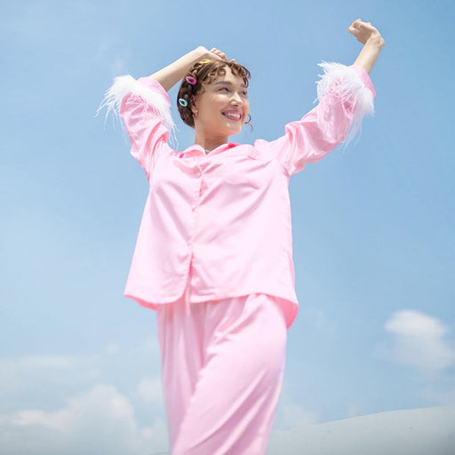 Color-Pink-Autumn Winter Fashion Ostrich Feather Pajamas Set Artificial Silk Loose Ladies Homewear-Fancey Boutique
