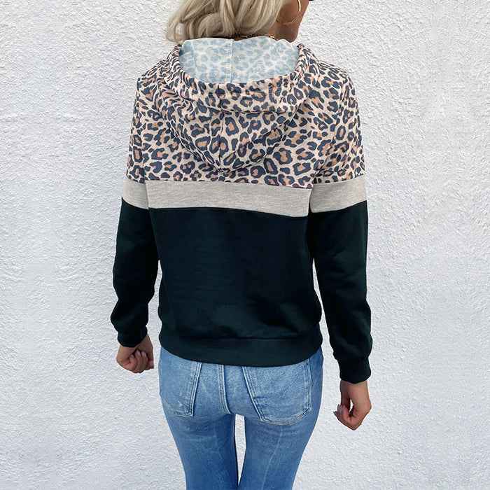 Color-Autumn Women Clothing With Pocket Hoodie With Drawstrings Stitching Leopard Print Sweater-Fancey Boutique