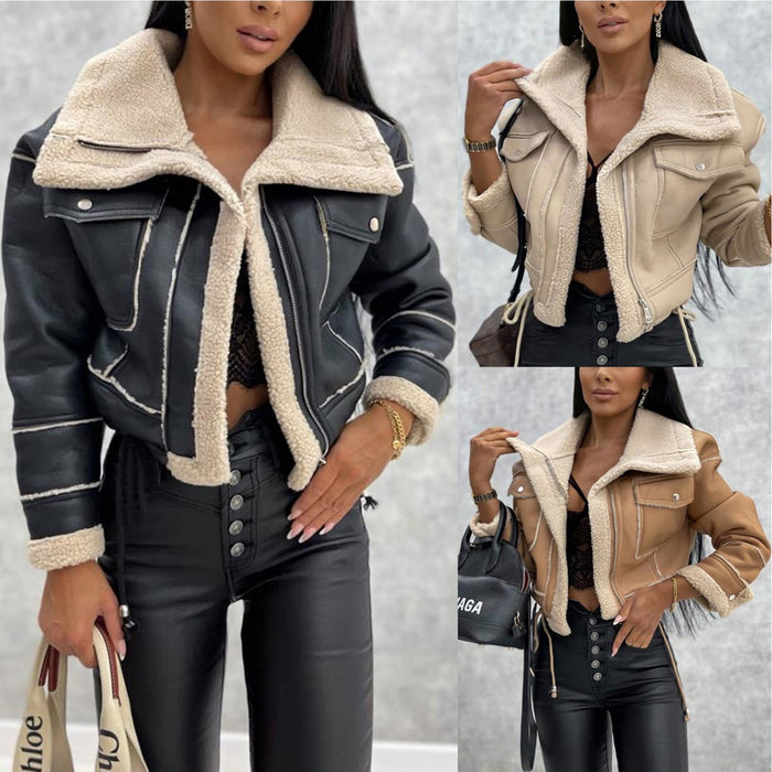 Color-Fall Winter Coat Lamb Wool Short Coat Zipper Machine Car Jacket Women-Fancey Boutique