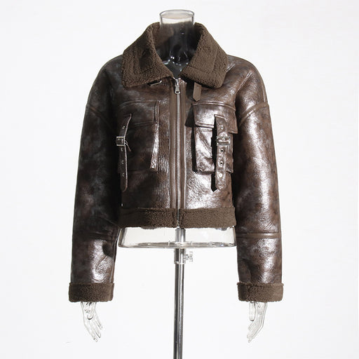 Color-Maillard Faux Shearling Jacket Short Coat Autumn Retro Design Stitching Leather Coat-Fancey Boutique