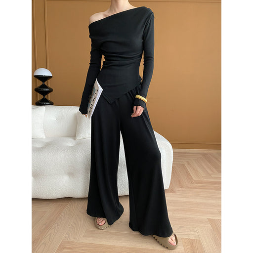 Color-Off Shoulder Knitted Top Wide Leg Pants Two Piece Suit Early Spring-Fancey Boutique