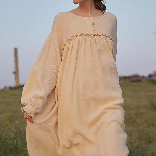 Color-Double Layer Gauze Dress Korean Women Dressing Gown Loose Casual Wooden Ear Stitching Niche Nightdress-Fancey Boutique