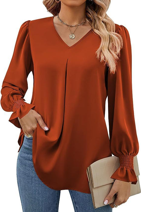 Color-Brown-Women Clothing Autumn Winter Solid Color Chiffon Shirt V Neck Pullover Horn Long Sleeve Top Shirt-Fancey Boutique