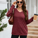 Color-Red-Arrival Women Long Sleeved T shirt Brushed Sunken Stripe V neck Solid Color Top-Fancey Boutique